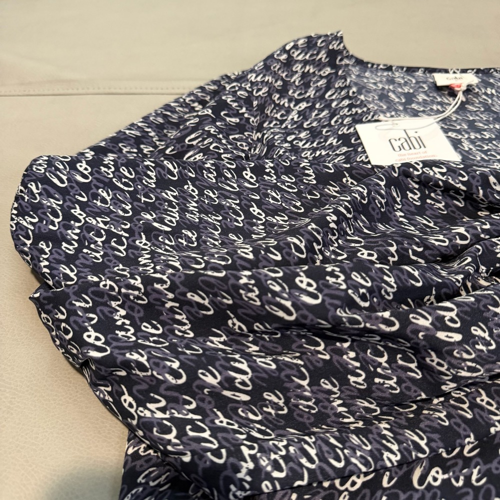 New Cabi Love Script V-Neck Blouse Navy White Long Sleeve Top Poly Women-L-5916